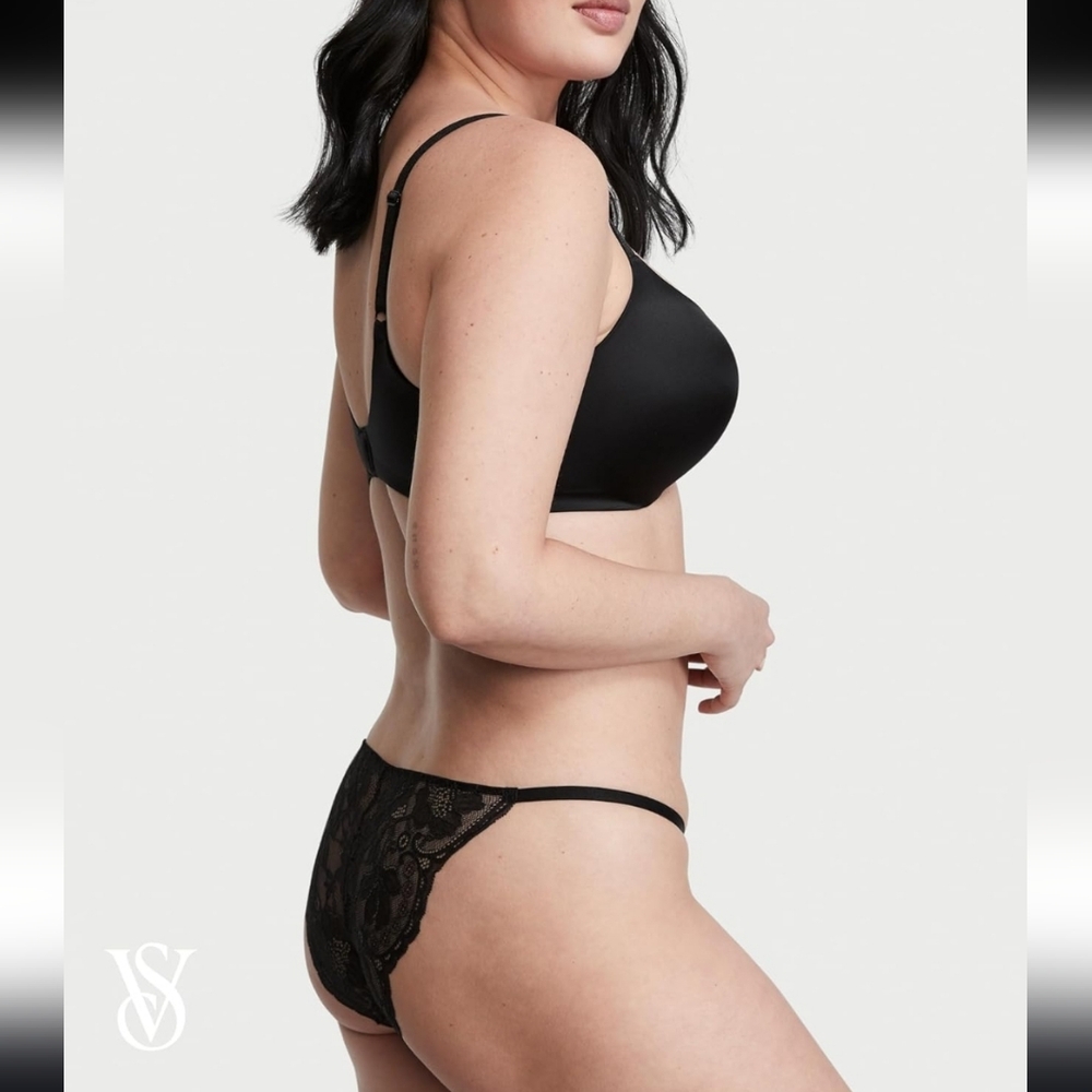 Victoria's Secret Very Sexy Black Satin Lace V-Front String Cheeky New With Tag - Picture 4 of 12